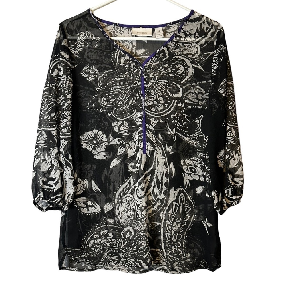 Chico’s Sheer Paisley Sheer Floral Blouse Peasant Boho Artsy Whimsigoth S